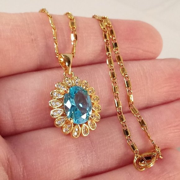 18K Yellow Gold Filled Blue Diamond Zircon Flower Pendant Necklace 2.54ctw Gift - Picture 4 of 4